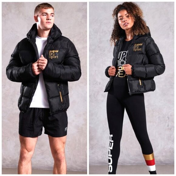 Superdry Unisex Gym Tech Gold Puffa Black Jacket Small Full Zip Pockets Winter - Picture 2 of 10